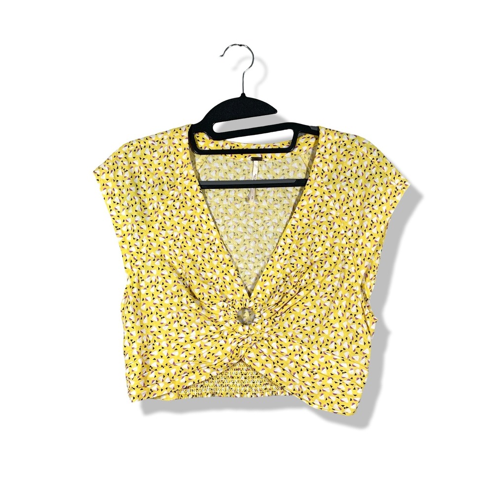 Free People Crop Top Women S Yellow Linen Blend Boho Festival Geometric Summer